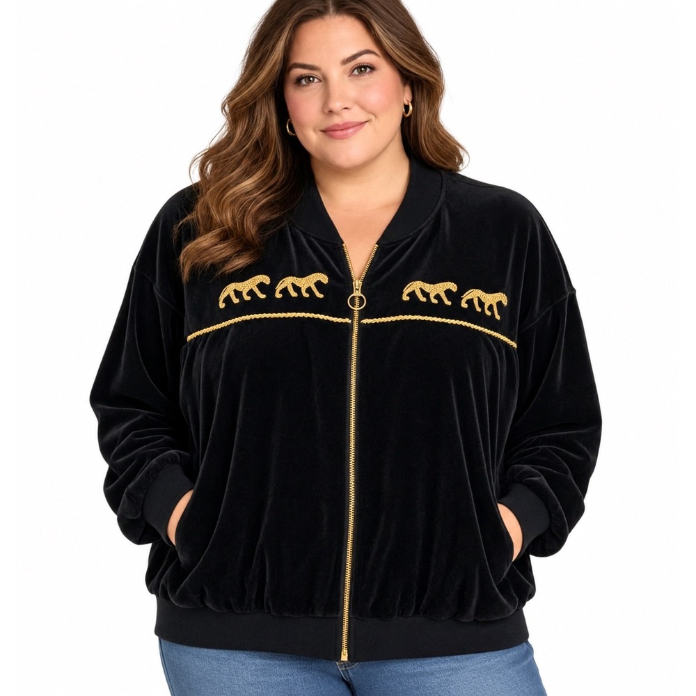 Peter Keyloun Vintage Black Velour Gold Leopard Embroidered Bomber Jacket 2X